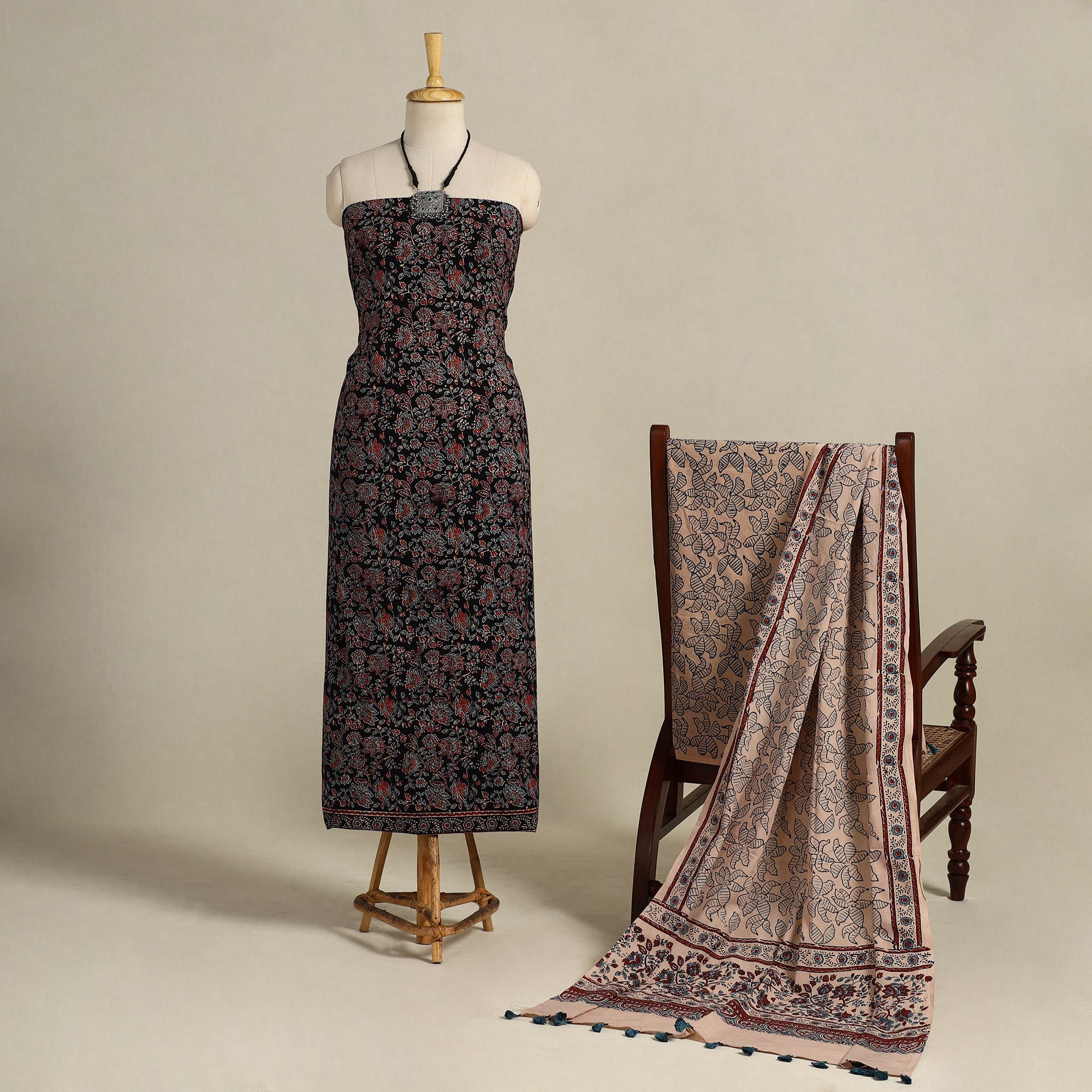 Black 3pc Block Print Natural Dyed Ajrakh Unstitched Dress Material ...