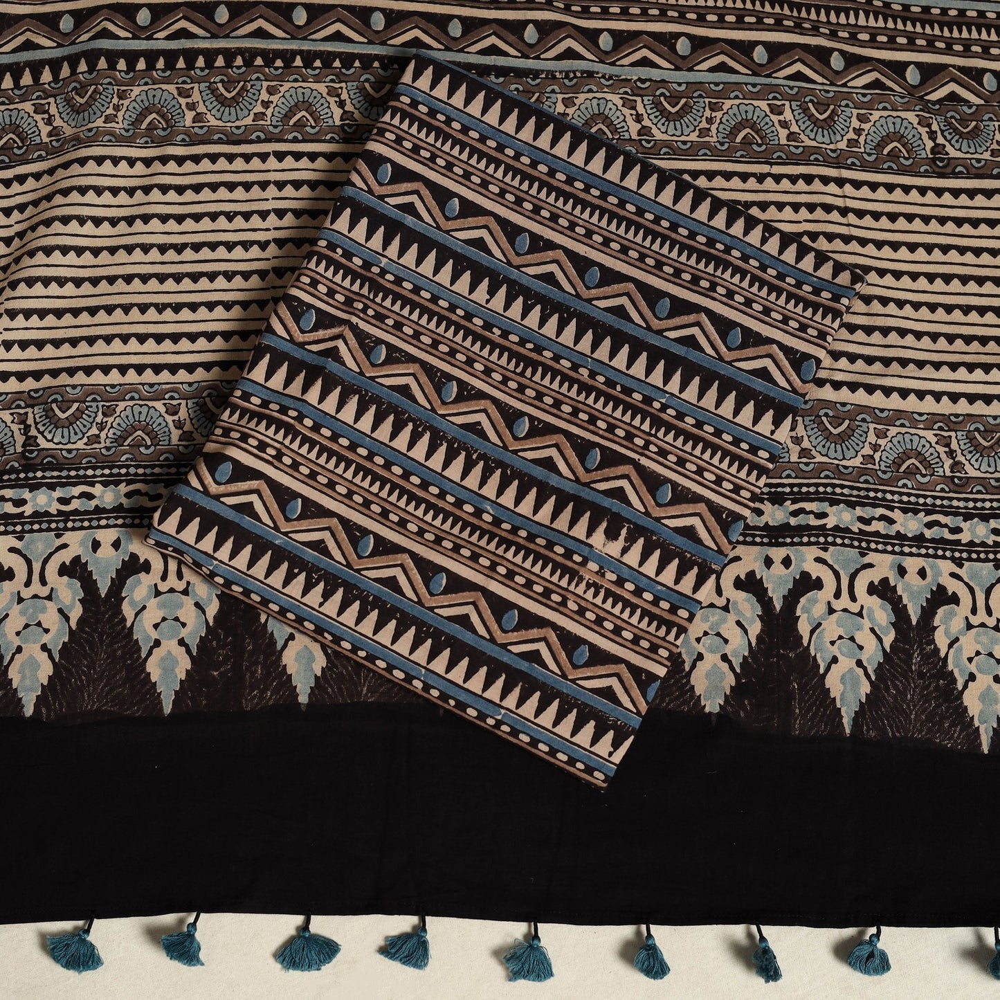 Black 3pc Block Print Natural Dyed Ajrakh Dress Material