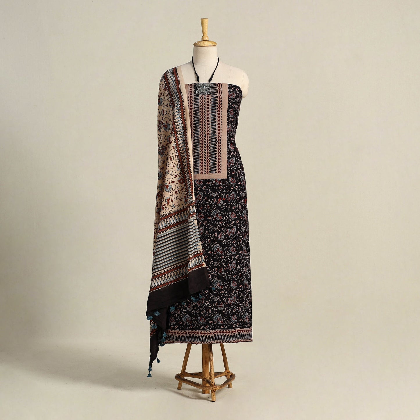 Black 3pc Block Print Natural Dyed Ajrakh Dress Material
