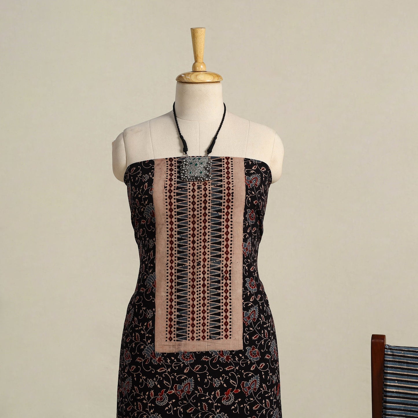 Black 3pc Block Print Natural Dyed Ajrakh Dress Material