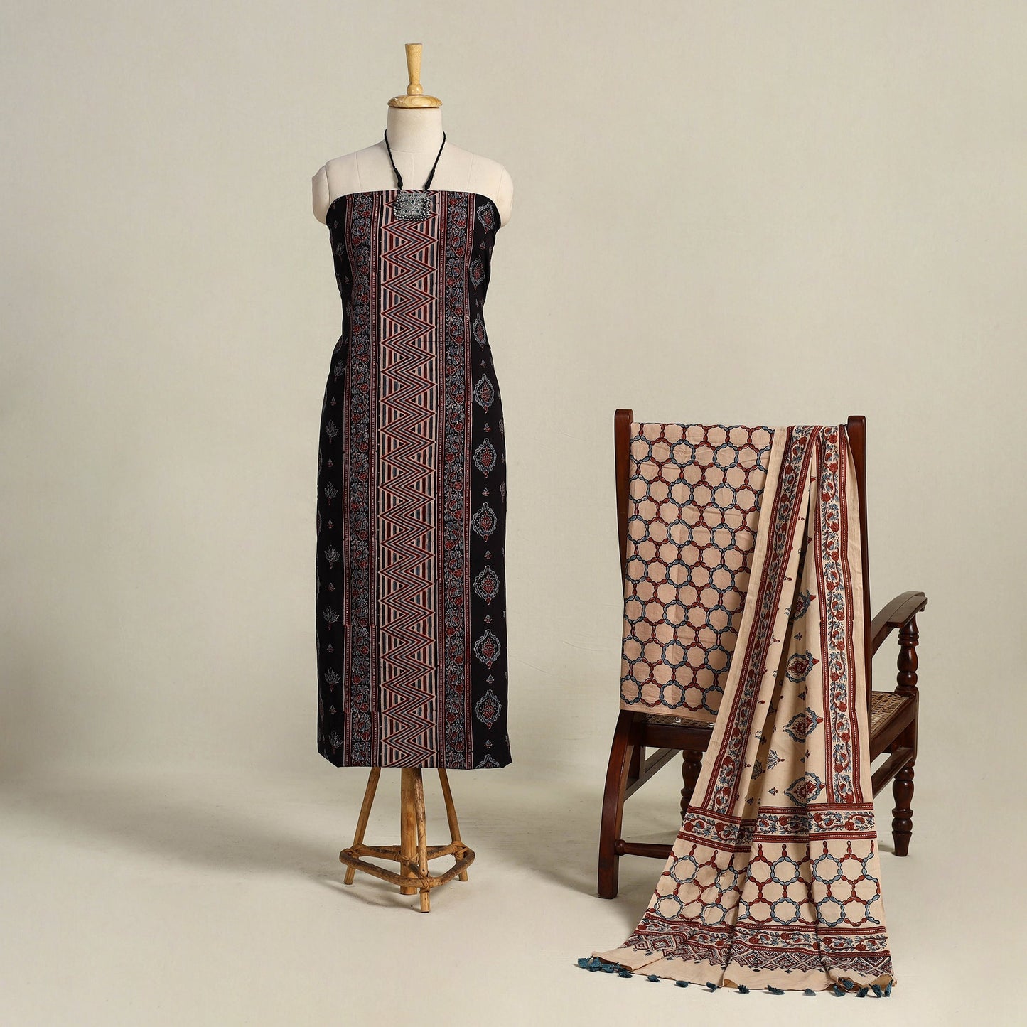 Black 3pc Block Print Natural Dyed Ajrakh Dress Material