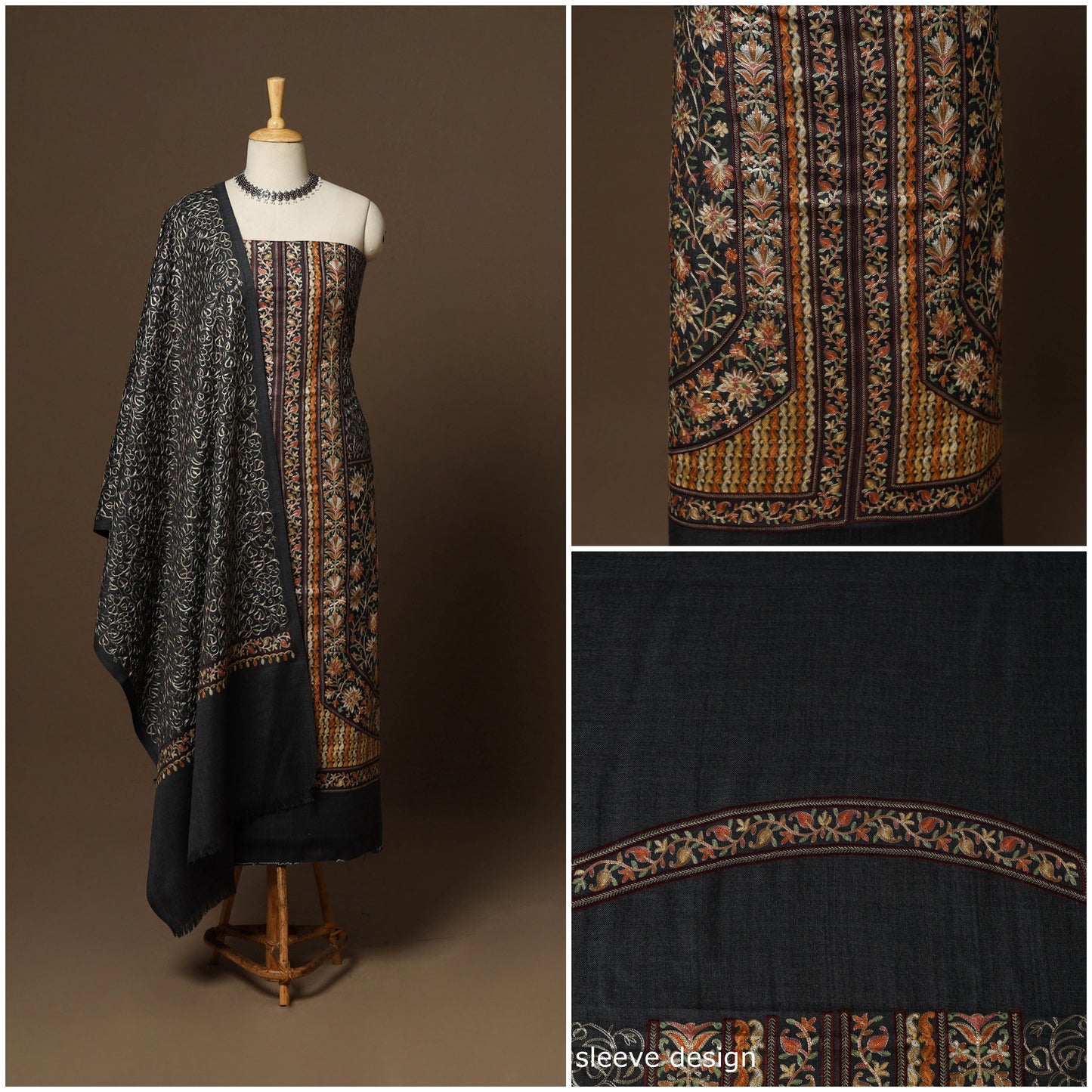 Black - 3pc chain stitch hand embroidered merino wool