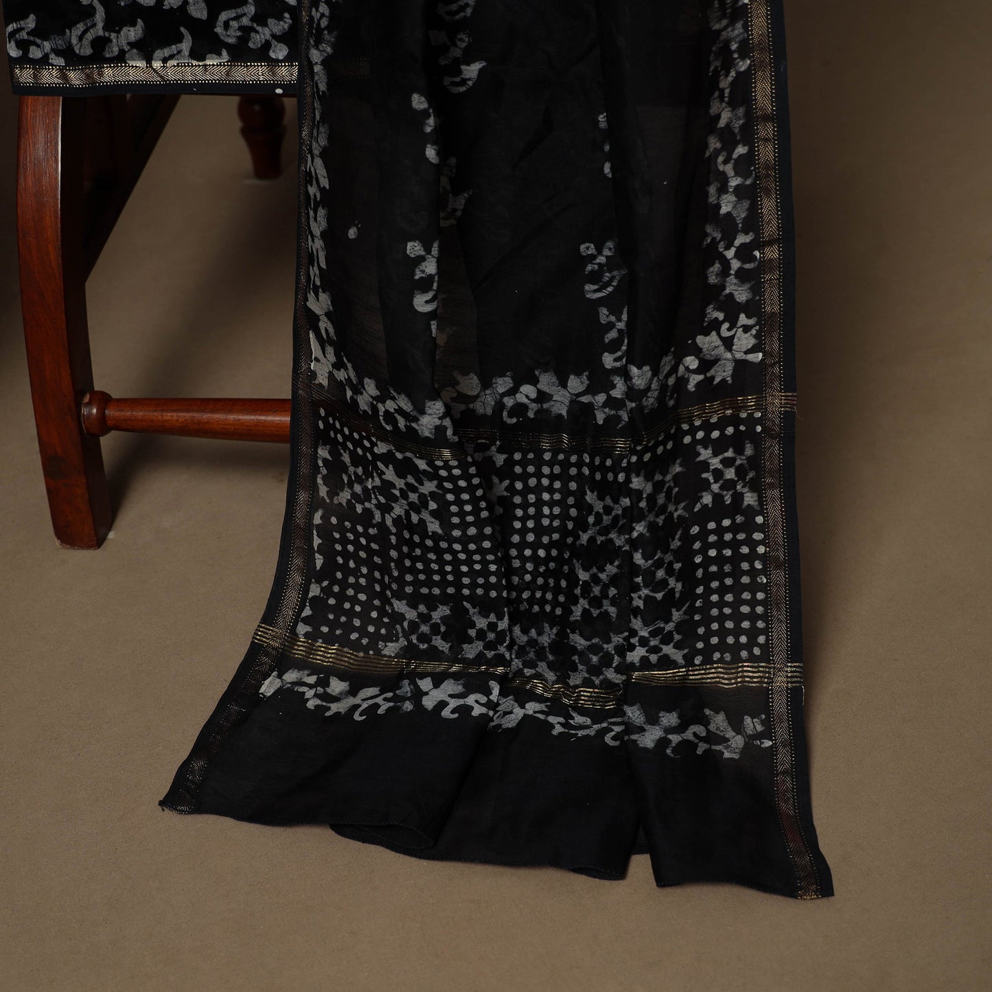 Black - 3pc chanderi silk hand batik unstitched dress