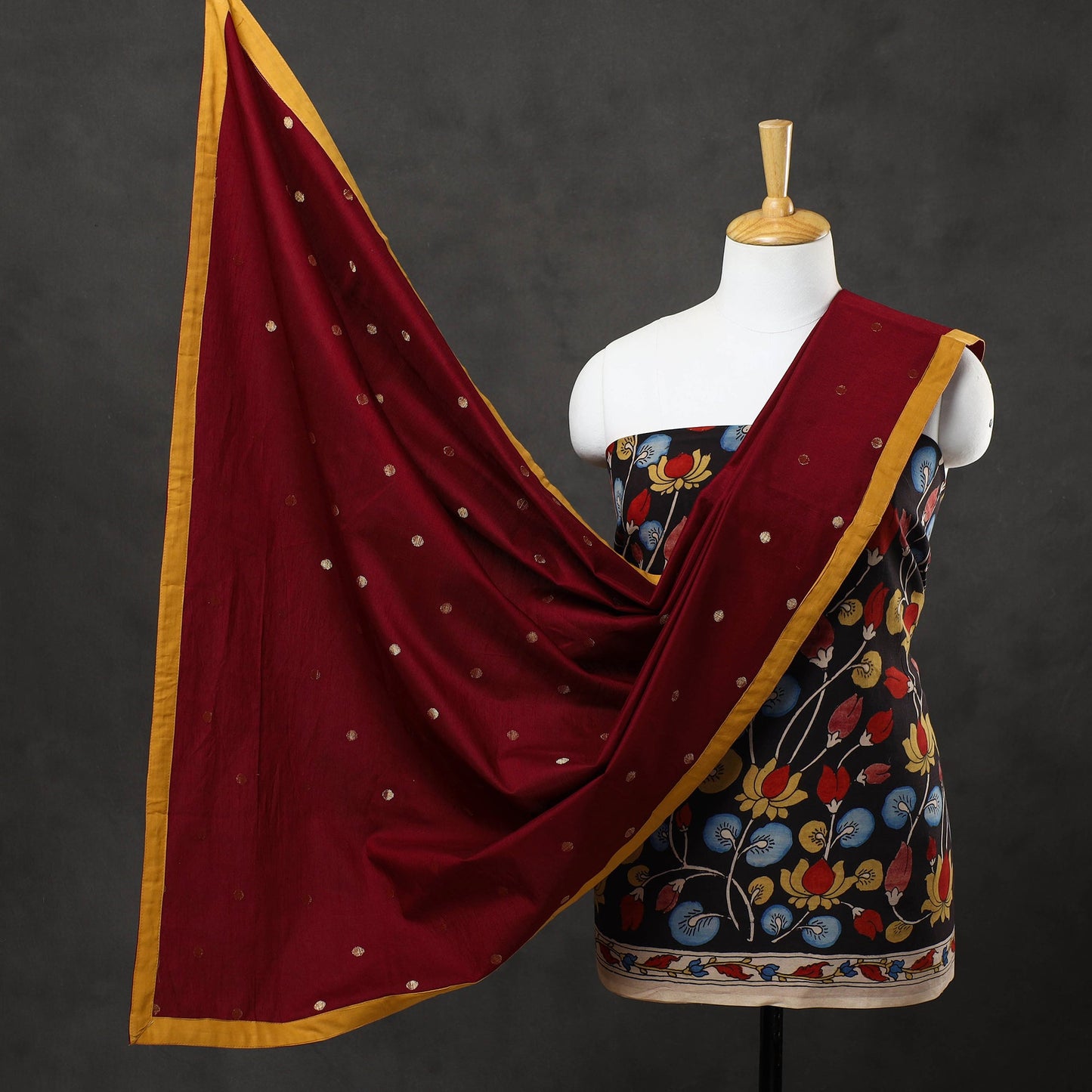 3pc Chanderi Silk Black Kalamkari Kurta with Polka Dot Dupatta