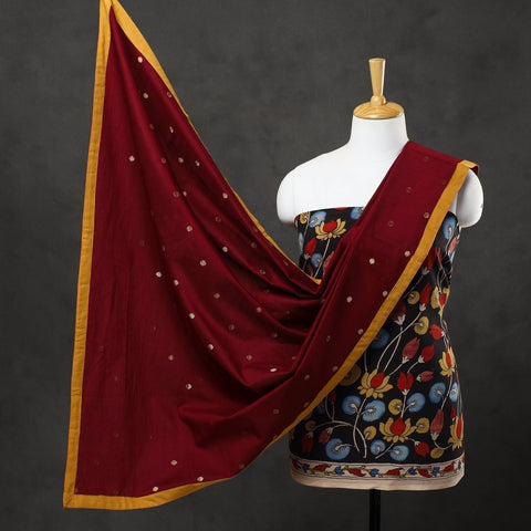 3pc Chanderi Silk Black Kalamkari Kurta with Polka Dot Dupatta