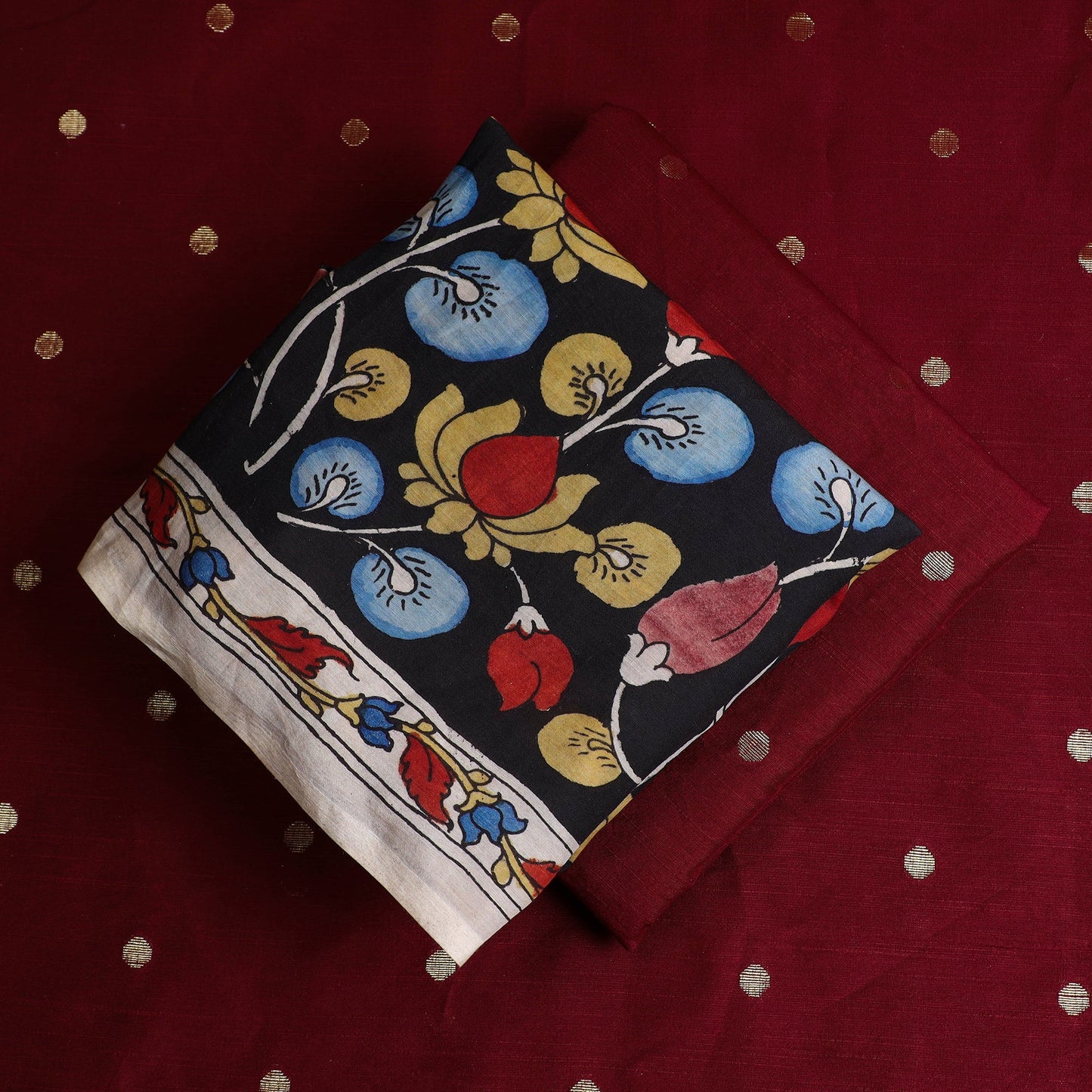 3pc Chanderi Silk Black Kalamkari Kurta with Polka Dot Dupatta