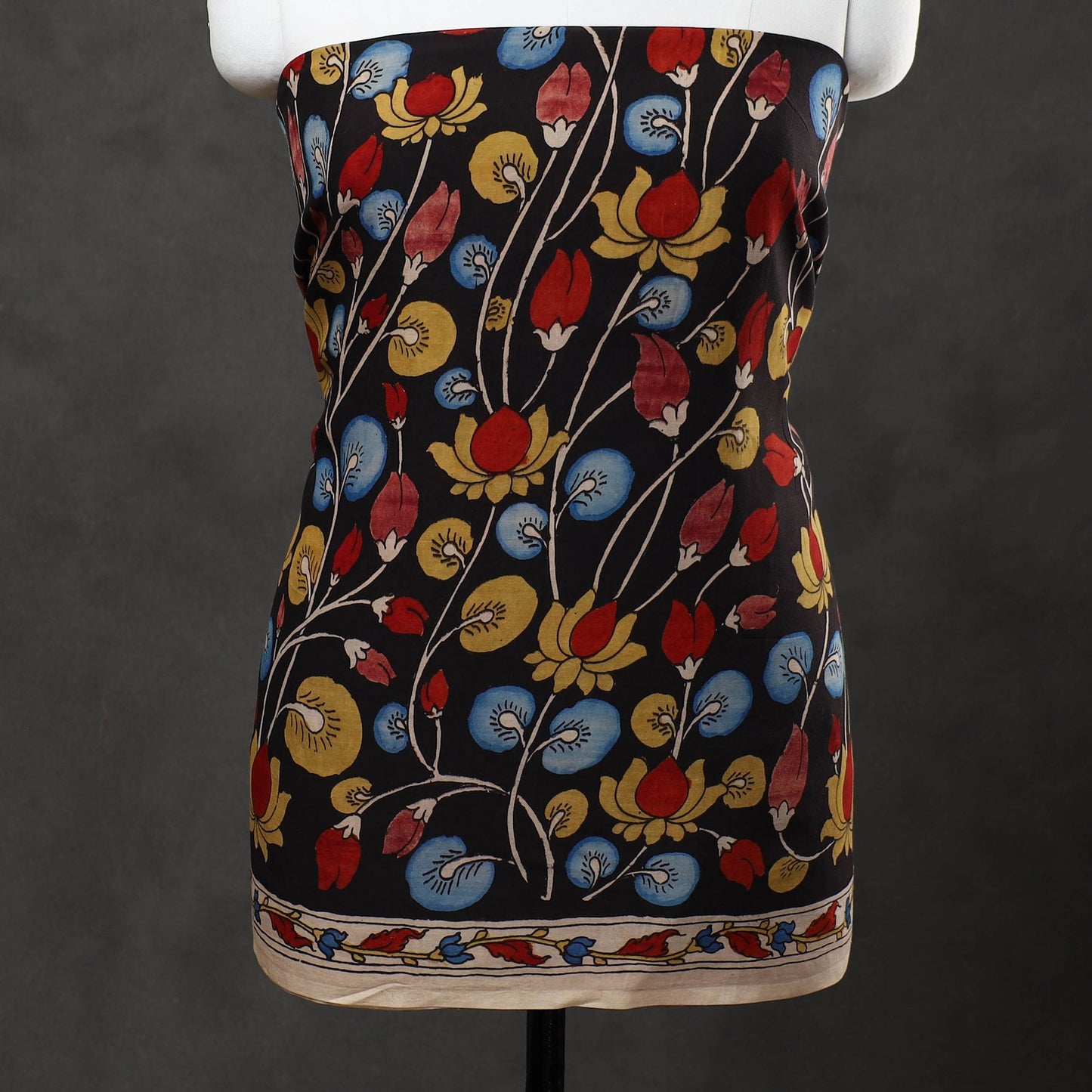 3pc Chanderi Silk Black Kalamkari Kurta with Polka Dot Dupatta