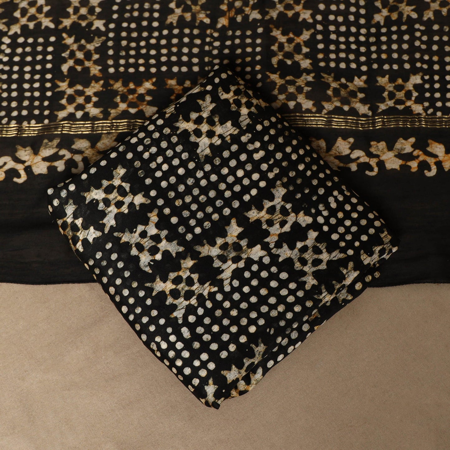 Black - 3pc chanderi silk unstitched hand batik dress