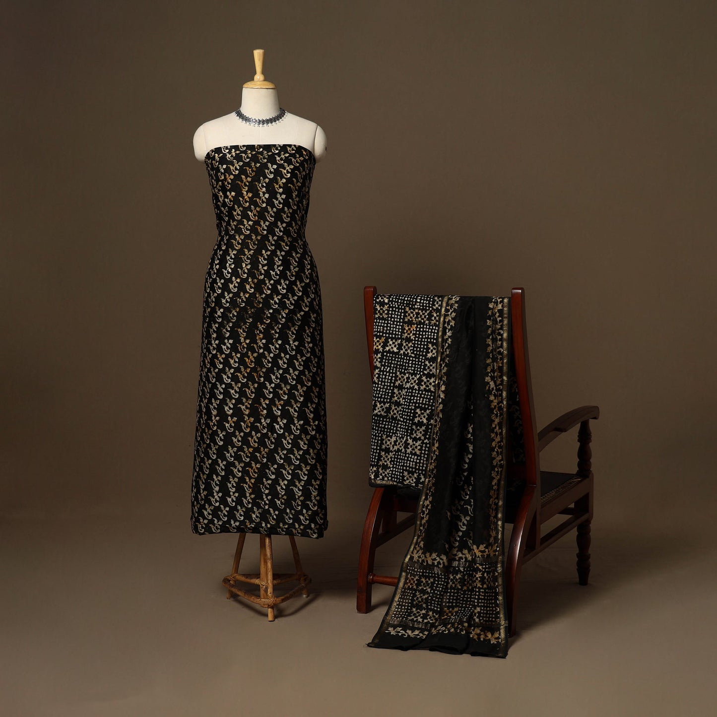 Black - 3pc chanderi silk unstitched hand batik dress