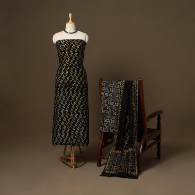 Black - 3pc chanderi silk unstitched hand batik dress