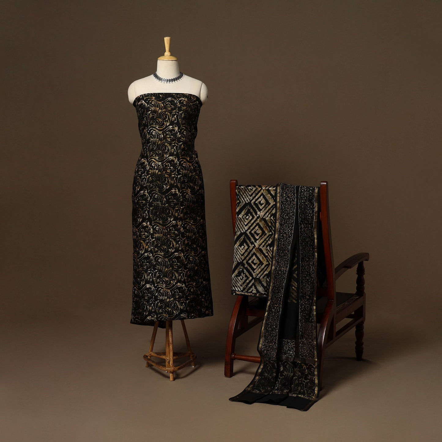 Black - 3pc chanderi silk unstitched hand batik dress