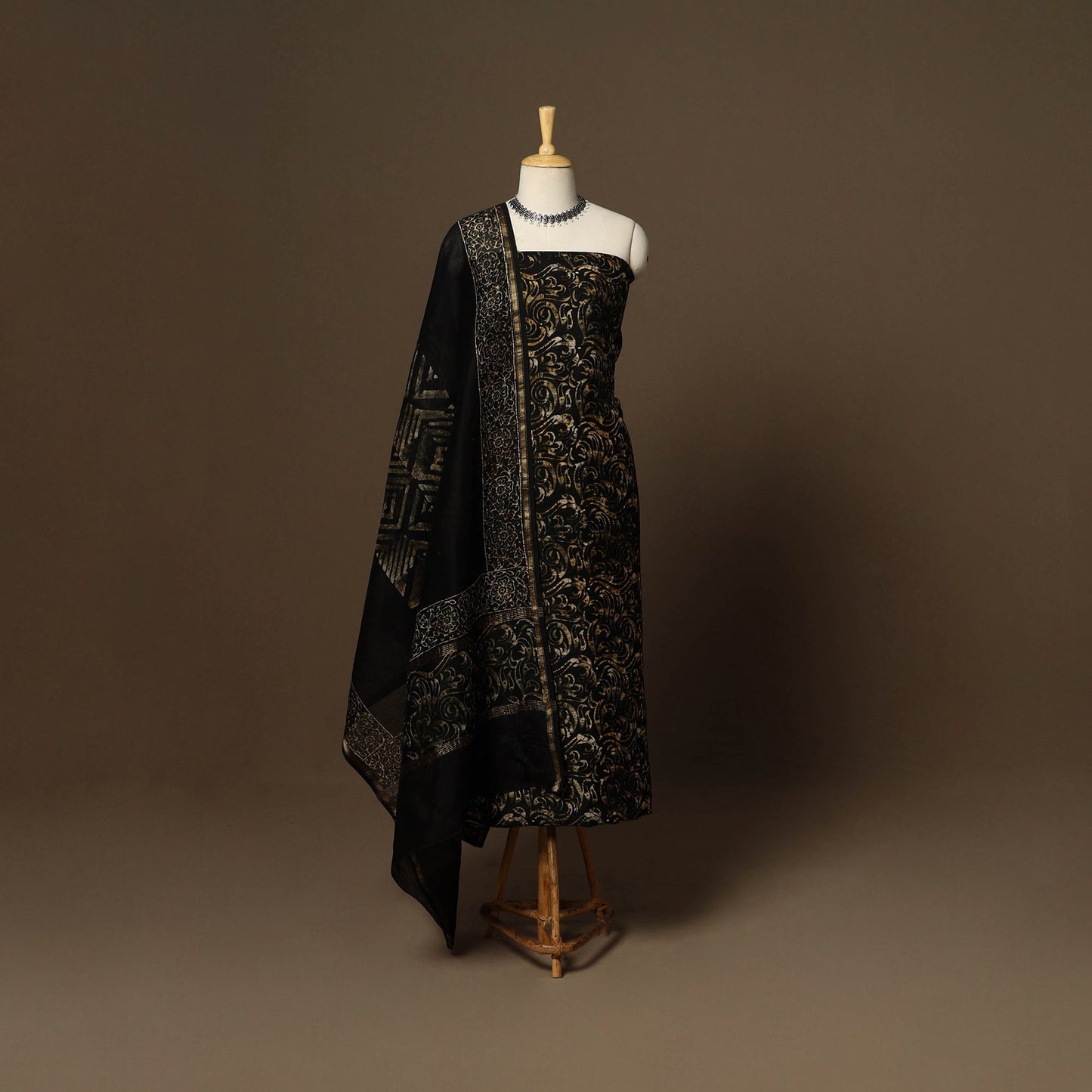 Black - 3pc chanderi silk unstitched hand batik dress