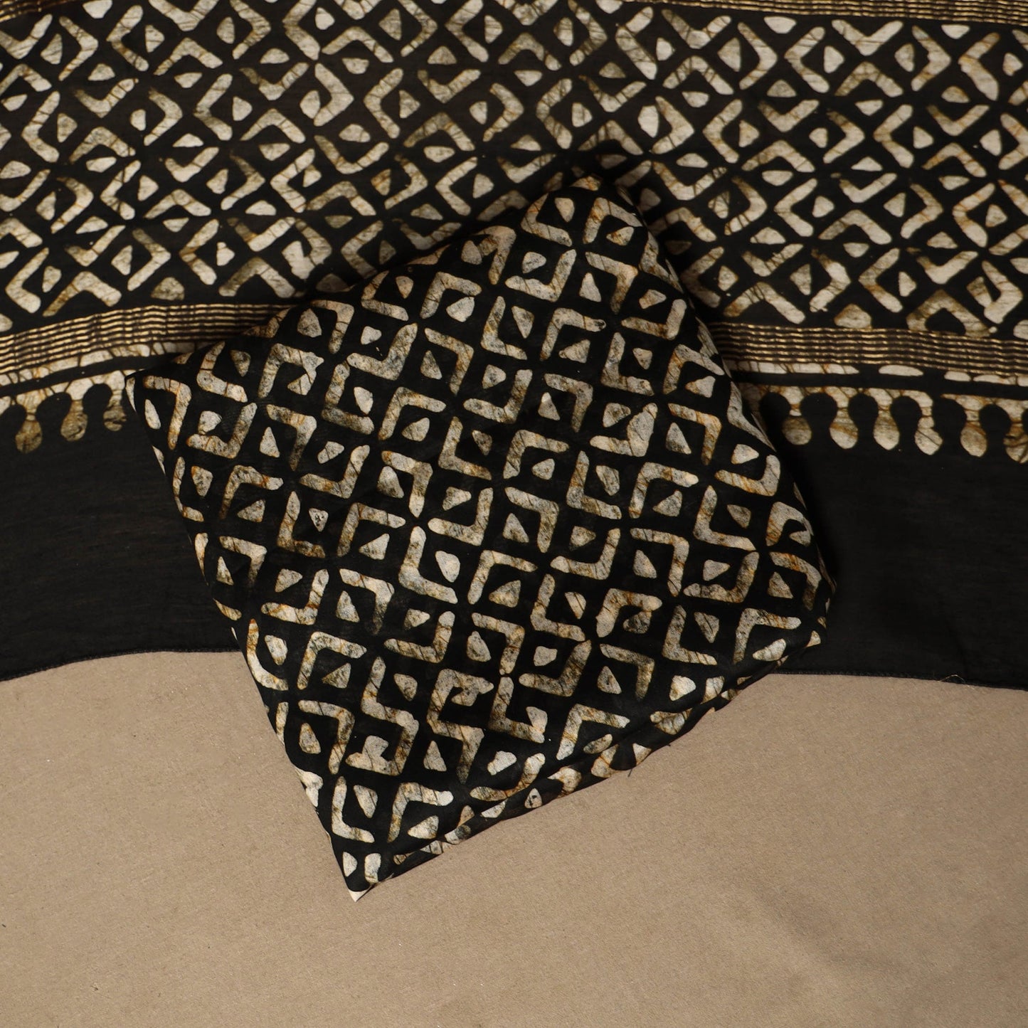 Black - 3pc chanderi silk unstitched hand batik dress