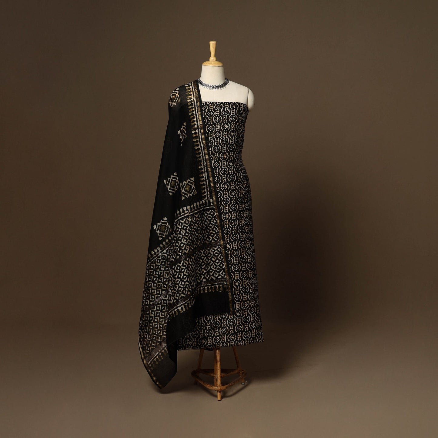 Black - 3pc chanderi silk unstitched hand batik dress