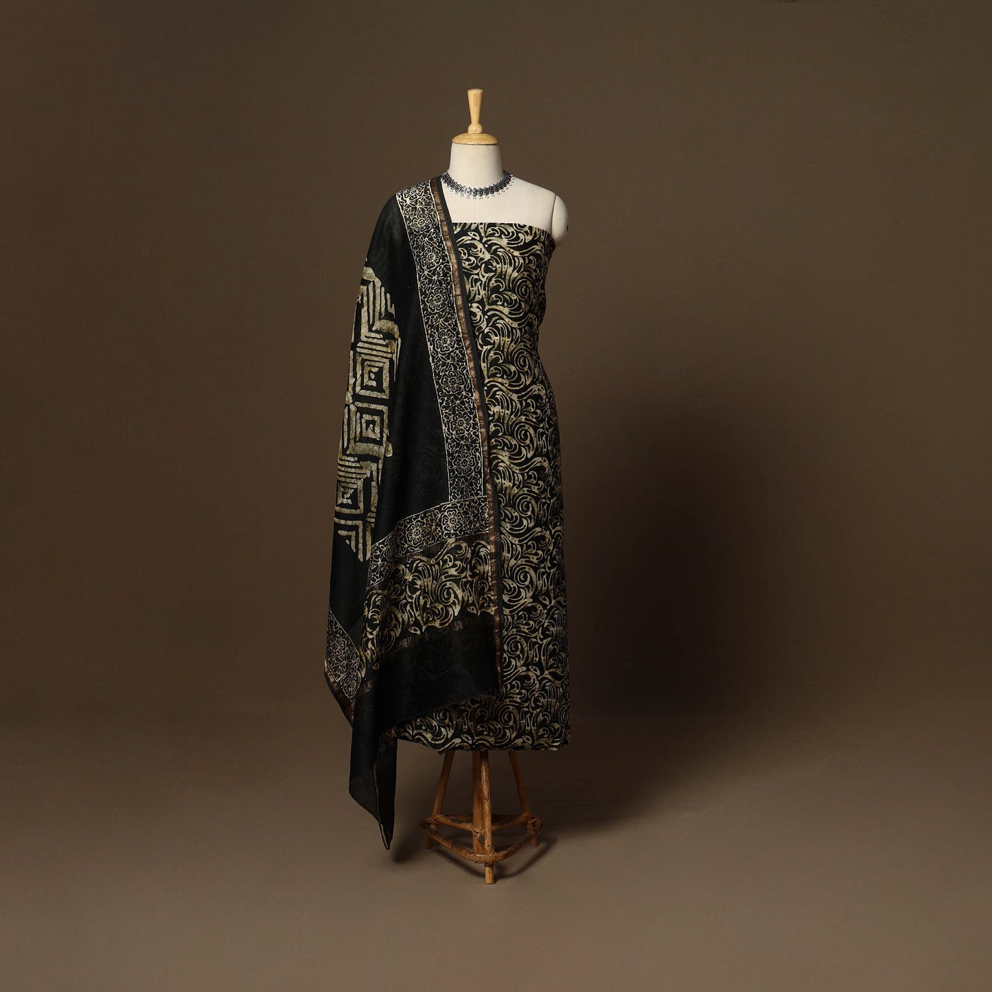 Black - 3pc chanderi silk unstitched hand batik dress
