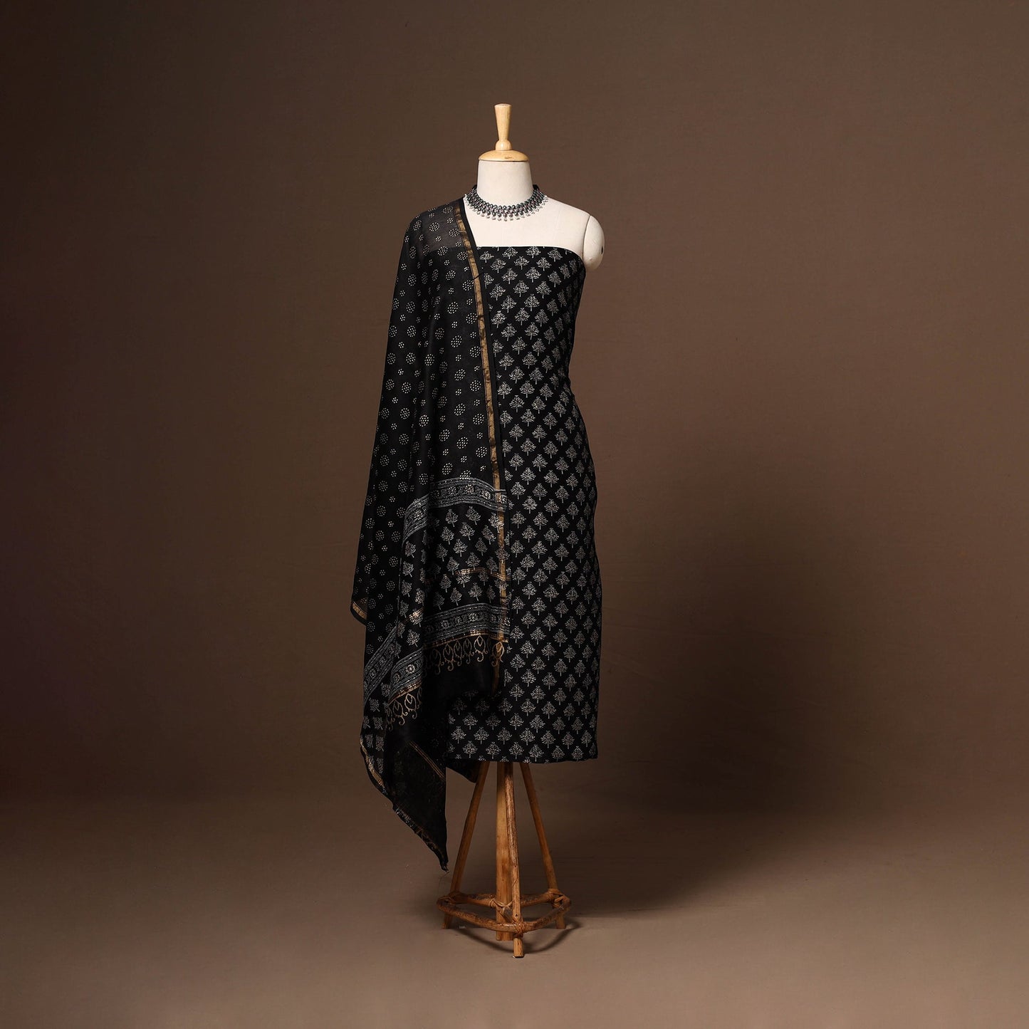 Black - 3pc chanderi silk unstitched sanganeri dress