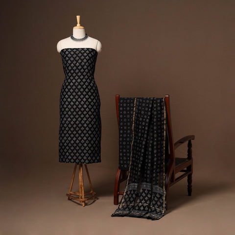 Black - 3pc chanderi silk unstitched sanganeri dress