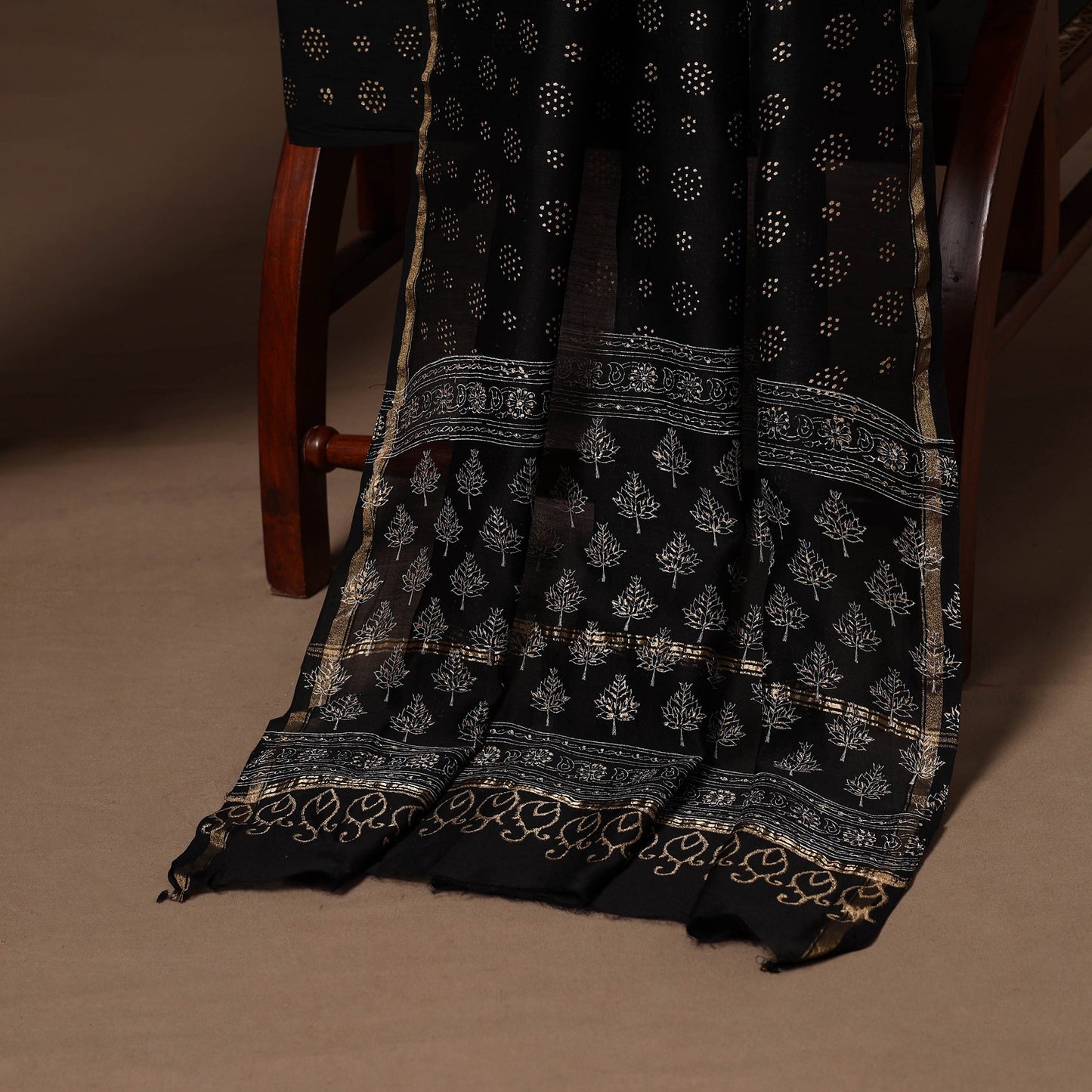 Black - 3pc chanderi silk unstitched sanganeri dress