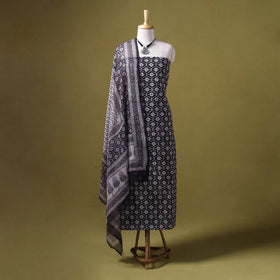 Black 3pc Cotton Bagh Print Dress Material with Jewellery Set 