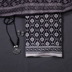 Black 3pc Cotton Bagh Print Dress Material with Jewellery Set 