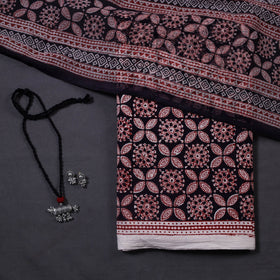 Black 3pc Cotton Bagh Print Dress Material with Jewellery Set 
