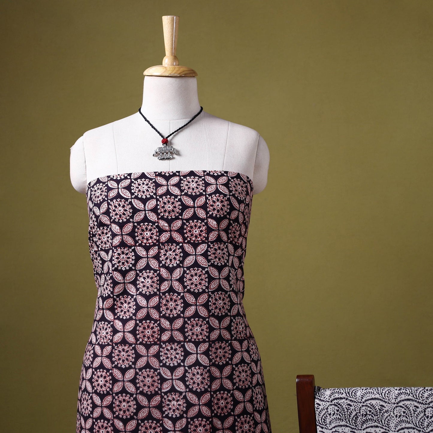 Black 3pc Cotton Bagh Print Dress Material with Jewellery Set 