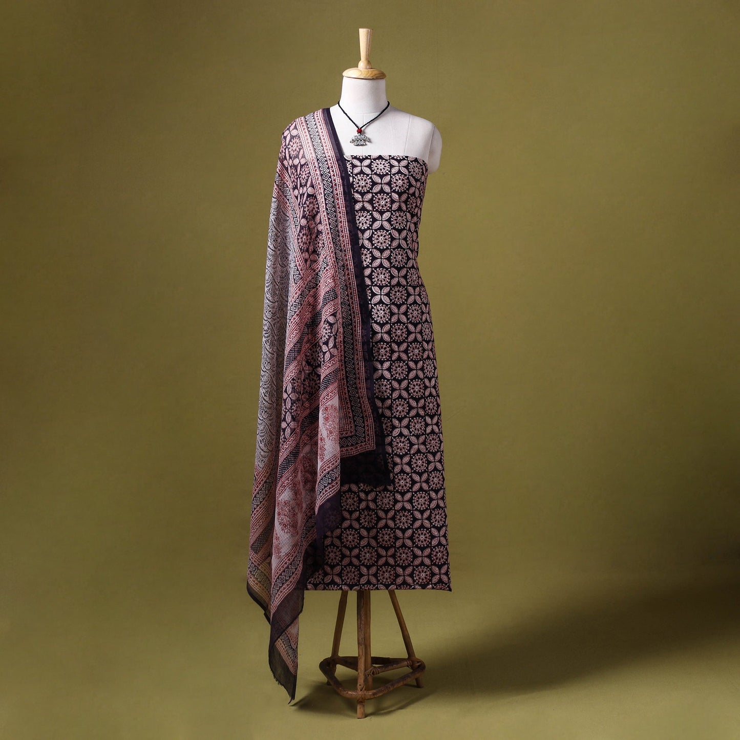 Black 3pc Cotton Bagh Print Dress Material with Jewellery Set 