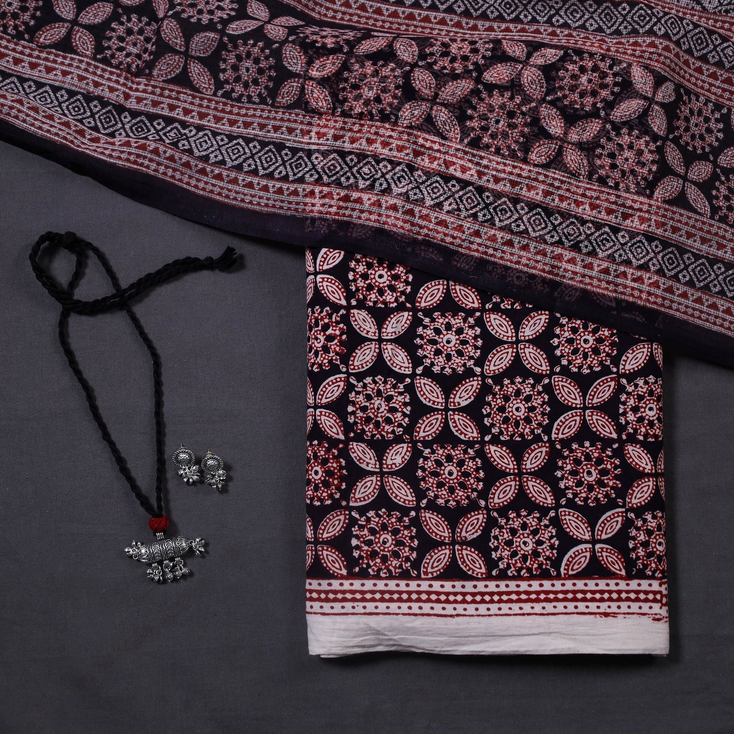 Black 3pc Cotton Bagh Print Dress Material with Jewellery Set 