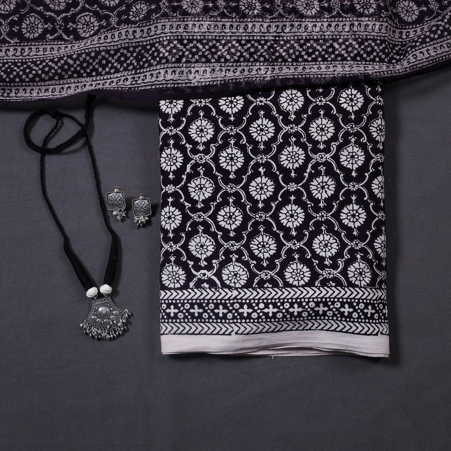 Black 3pc Cotton Bagh Print Dress Material with Jewellery Set 