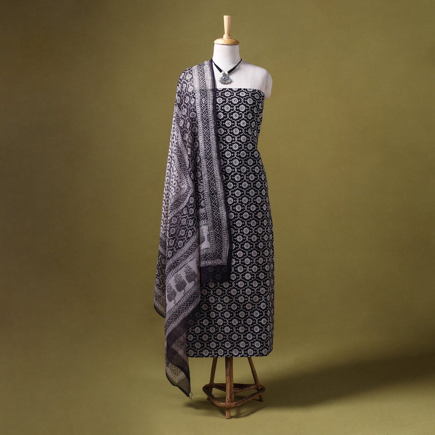 Black 3pc Cotton Bagh Print Dress Material with Jewellery Set 