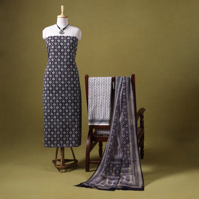 Black 3pc Cotton Bagh Print Dress Material with Jewellery Set 