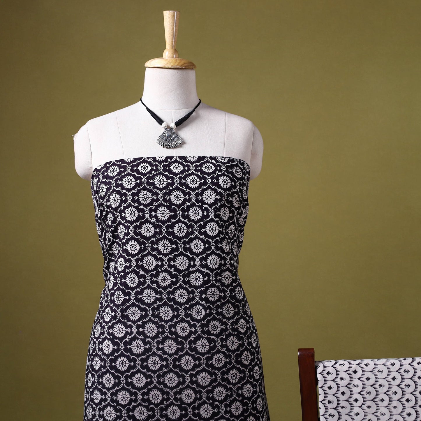 Black 3pc Cotton Bagh Print Dress Material with Jewellery Set 