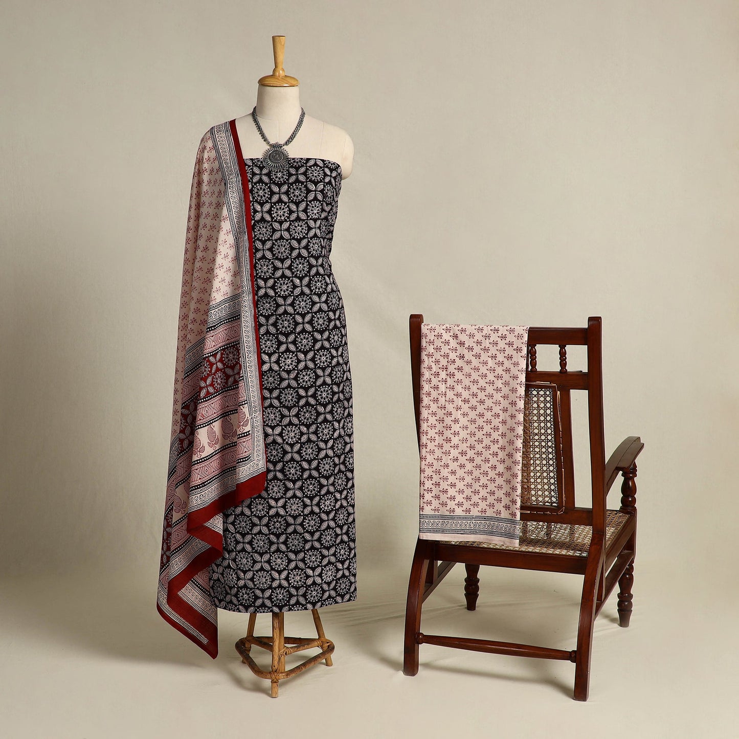  Black 3pc Cotton Bagh Print Suit Material Set