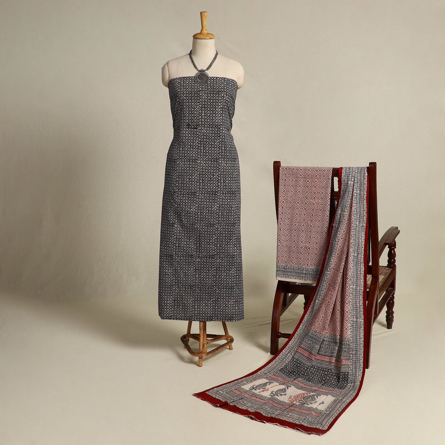 Black 3pc Cotton Bagh Print Suit Material Set