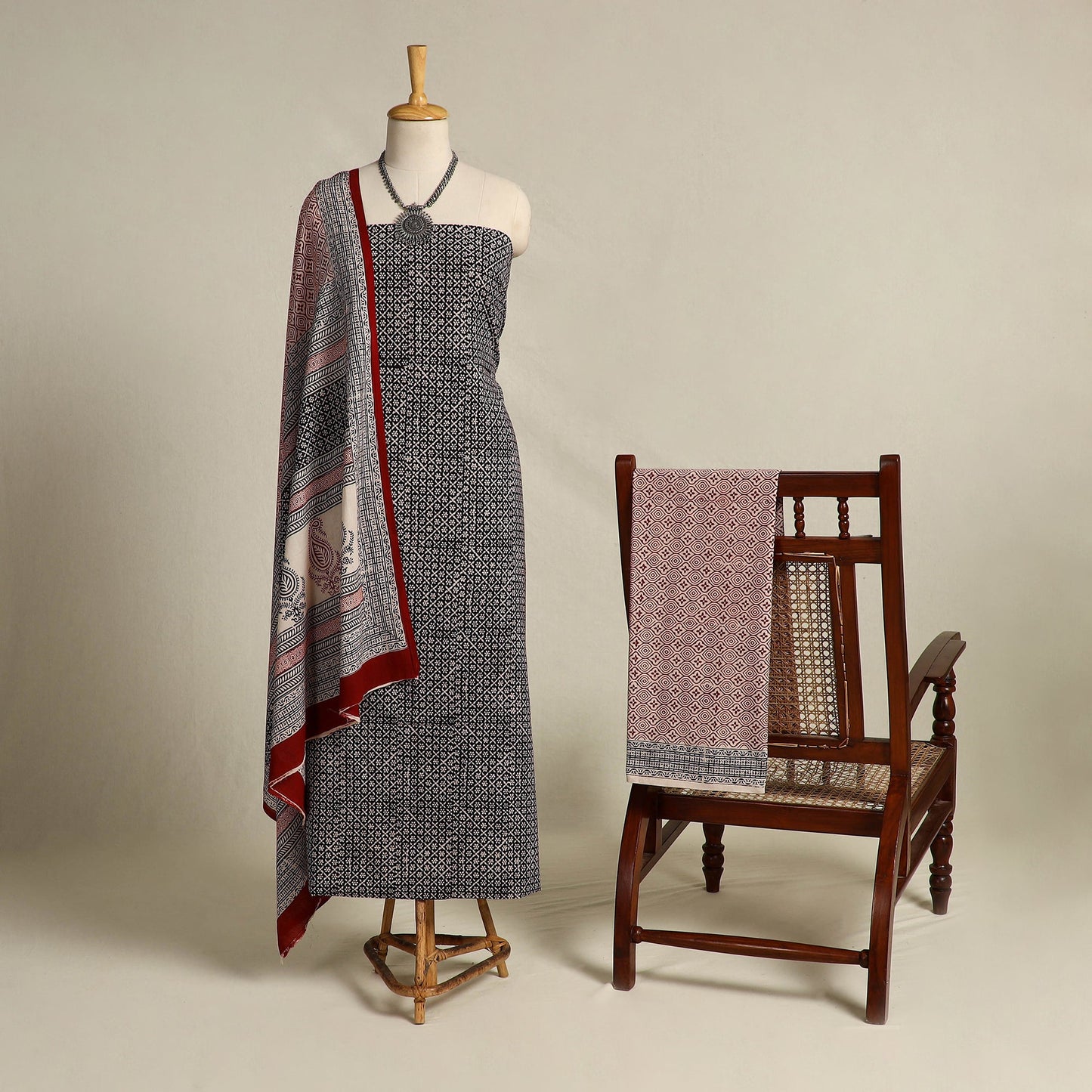 Black 3pc Cotton Bagh Print Suit Material Set