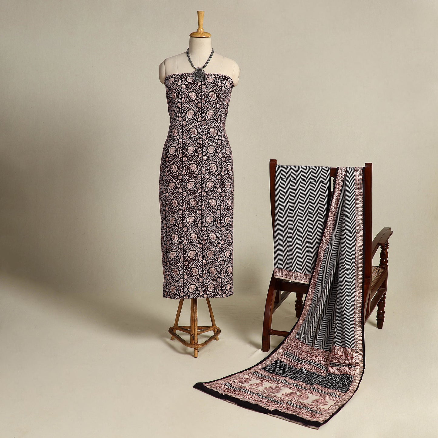 Black 3pc Cotton Bagh Print Suit Material Set 