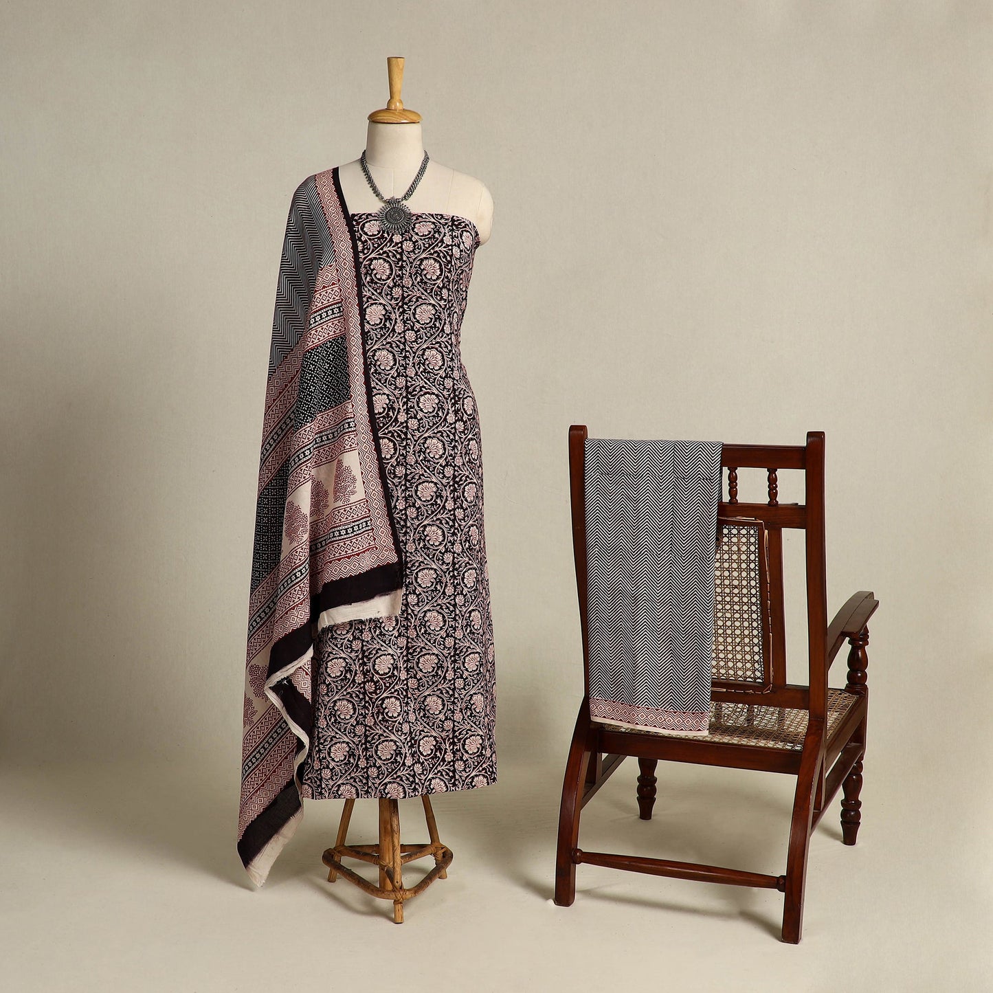 Black 3pc Cotton Bagh Print Suit Material Set 