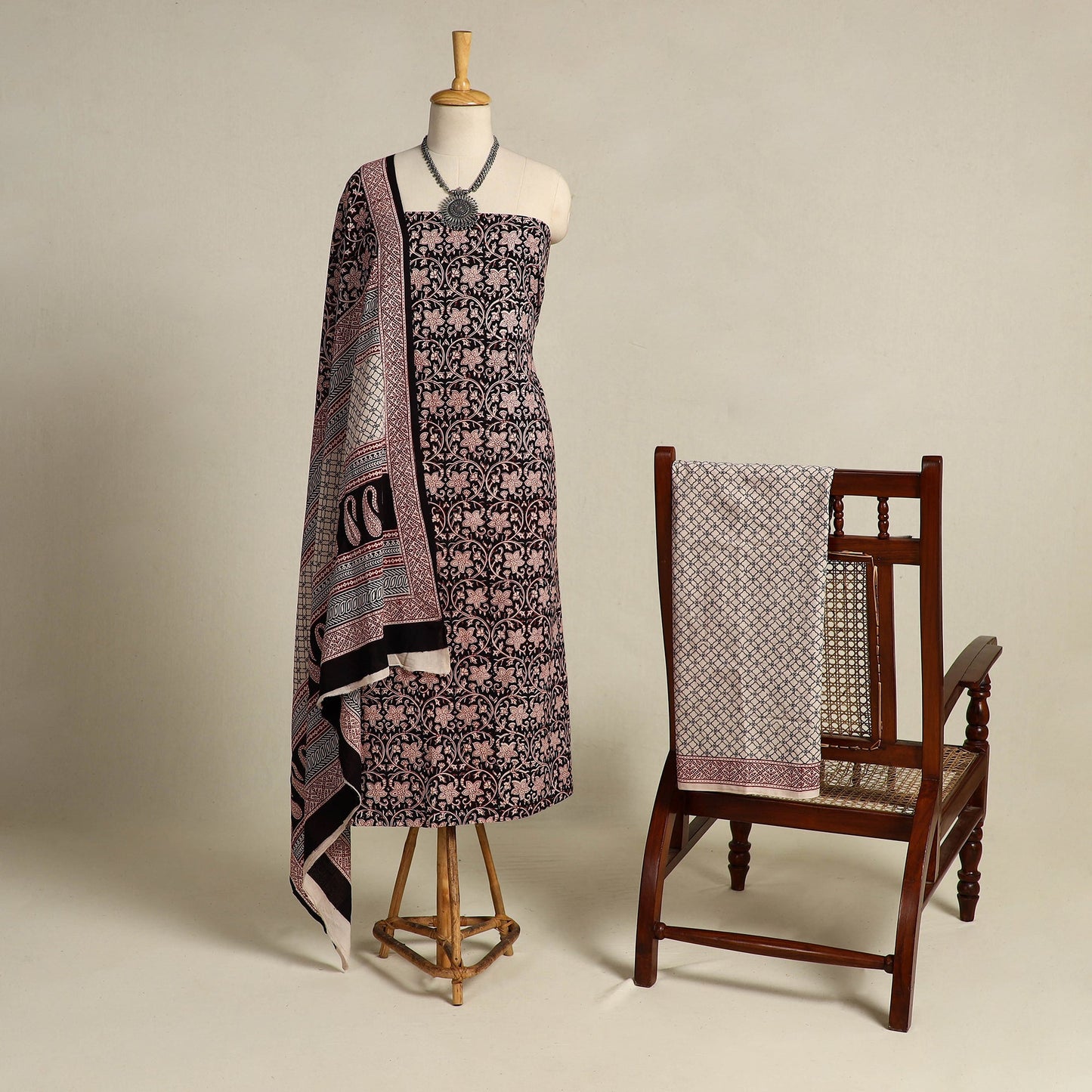 Black 3pc Black Cotton Bagh Print Suit Material Set