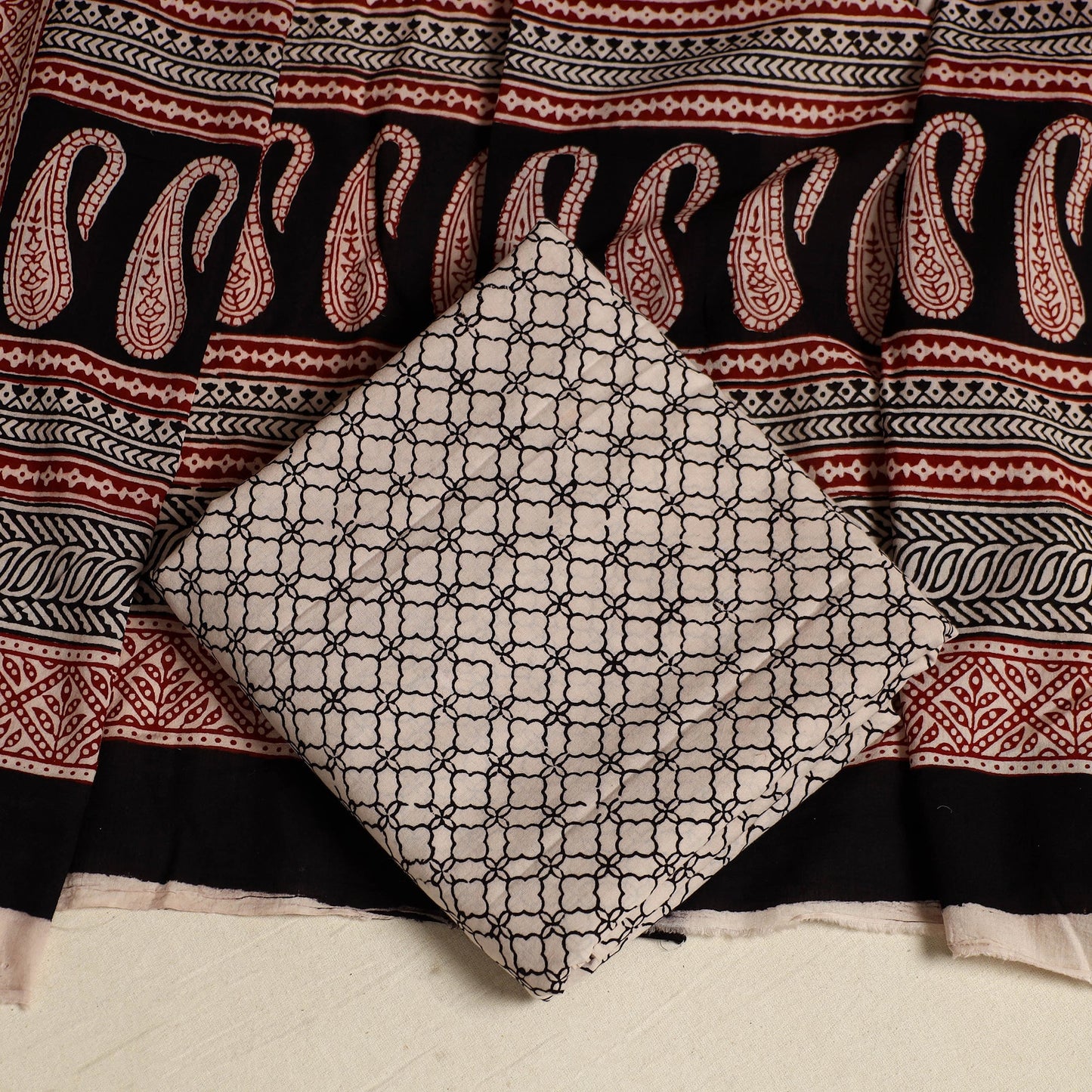 Black 3pc Black Cotton Bagh Print Suit Material Set