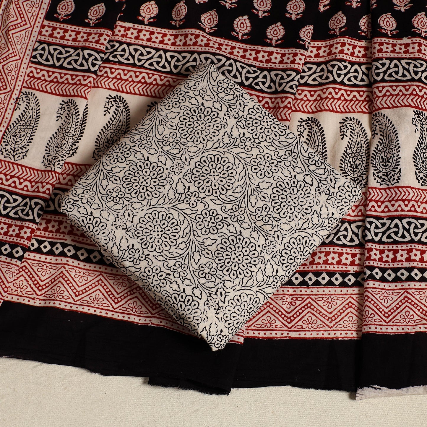 Black 3pc Cotton Bagh Print Suit Material Set