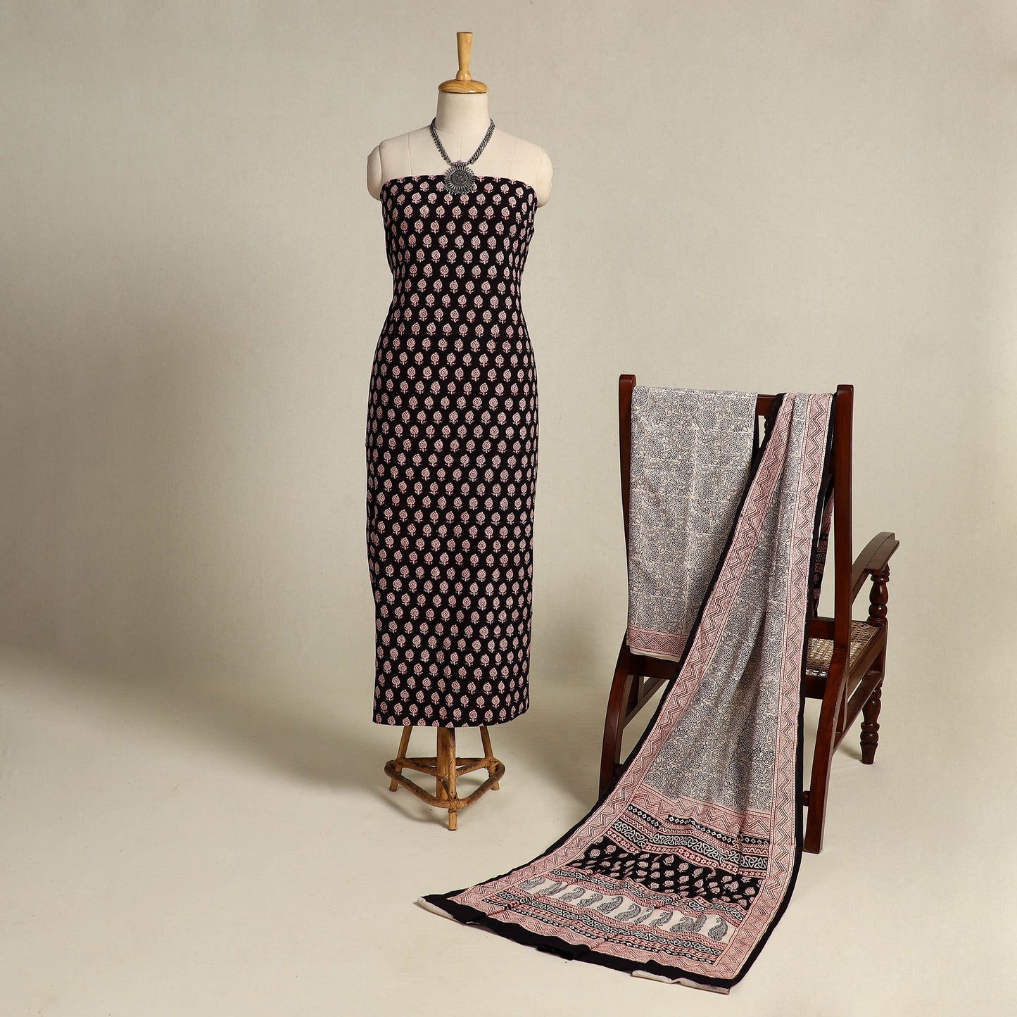 Black 3pc Cotton Bagh Print Suit Material Set