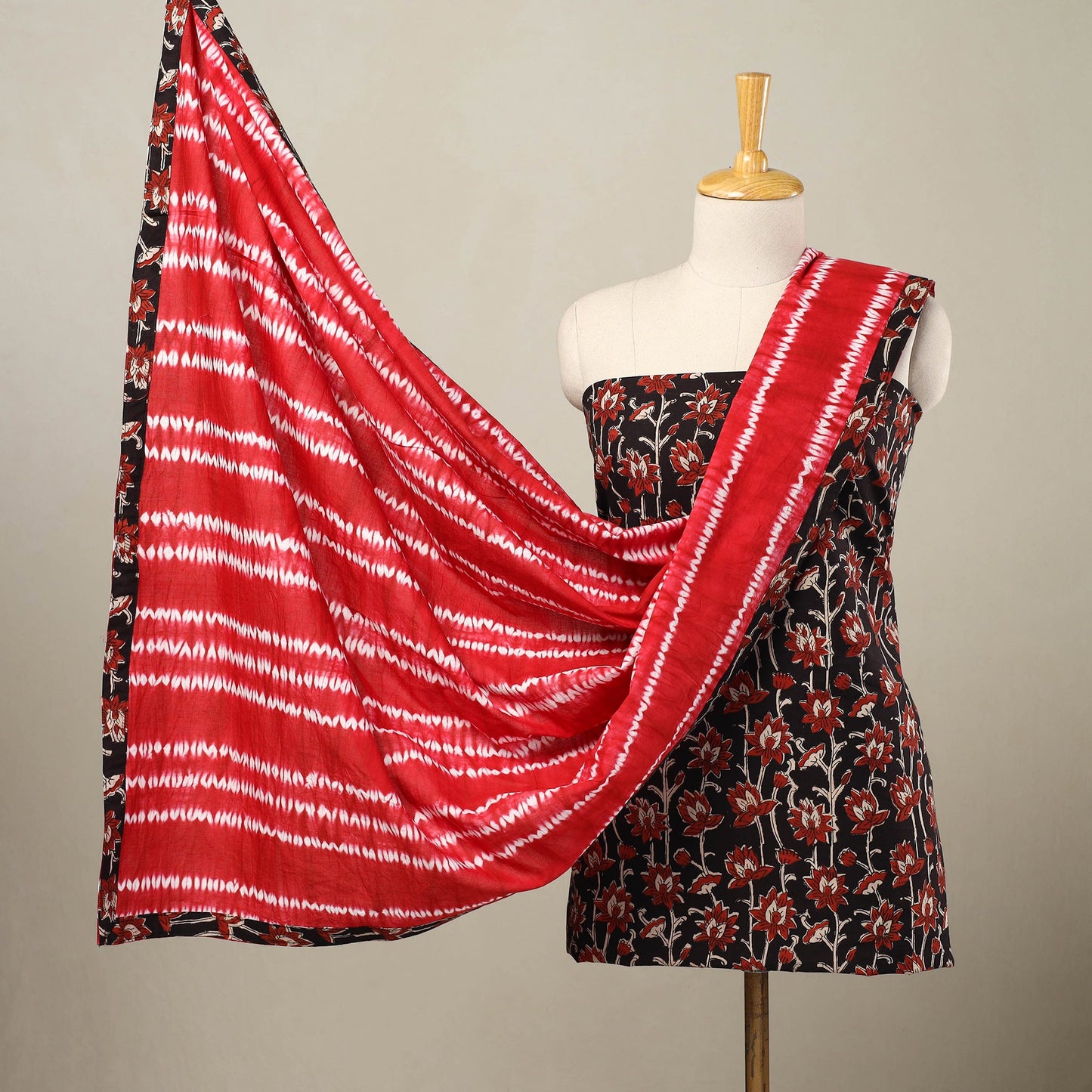 Black - 3pc Cotton Bagru Print Kurta with Shibori Dupatta 21