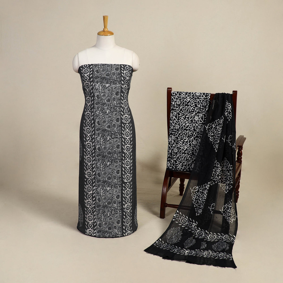 Black - 3pc cotton hand batik unstitched dress material 02