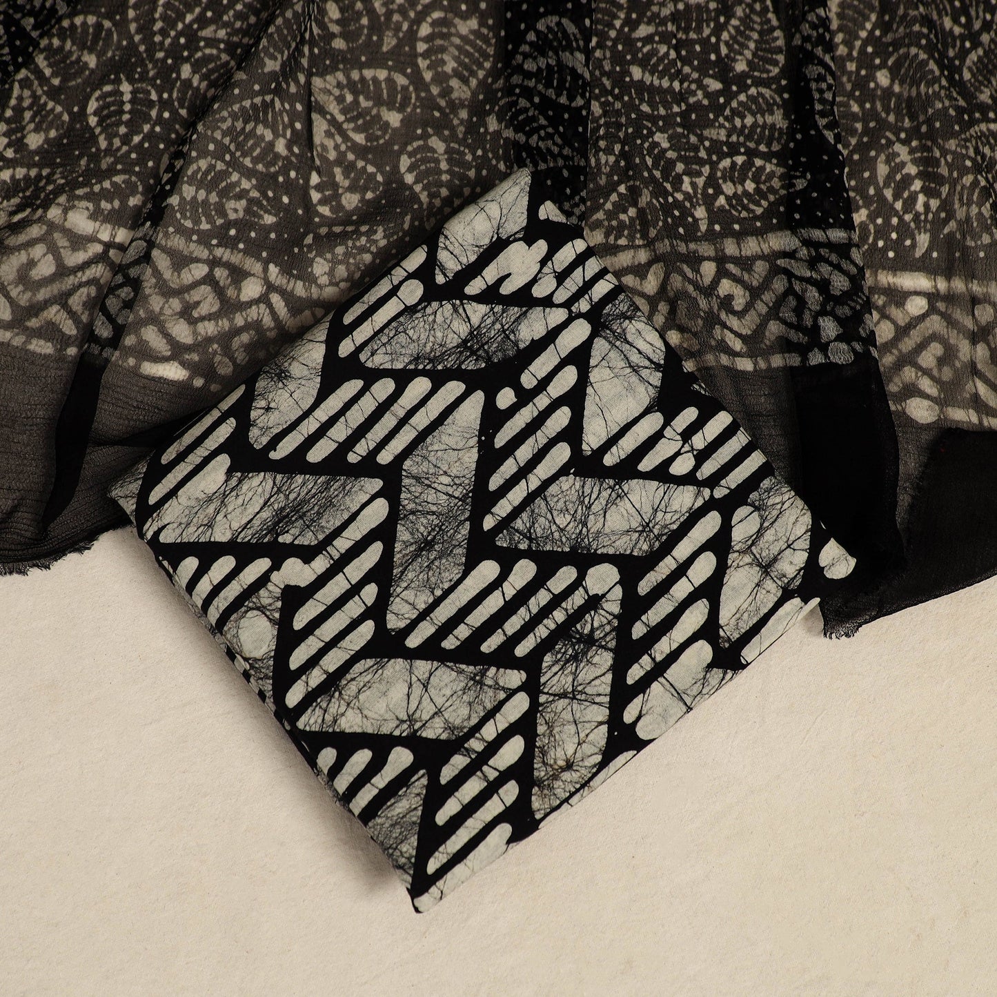  Black 3pc Cotton Hand Batik Print Dress Material