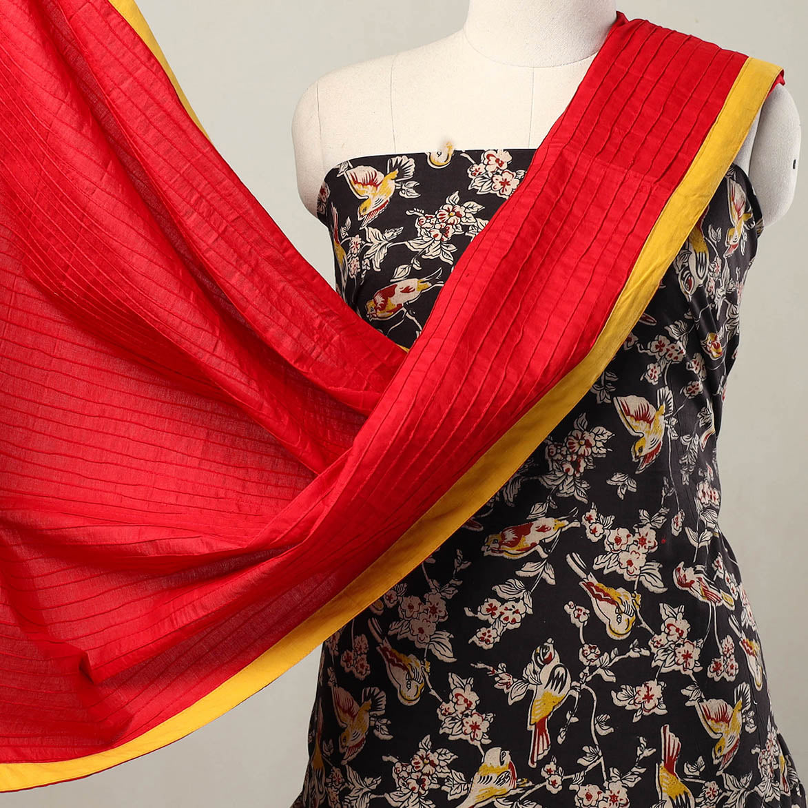 Black 3pc Cotton Kalamkari Print Kurta with Plain Dupatta