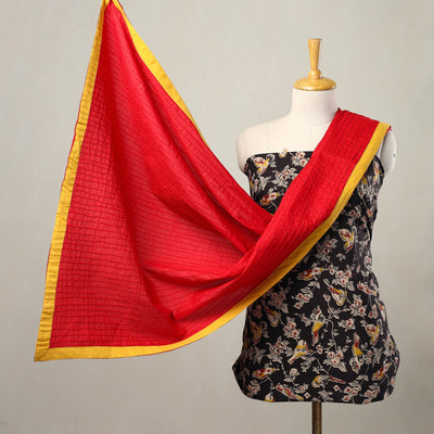 Black 3pc Cotton Kalamkari Print Kurta with Plain Dupatta