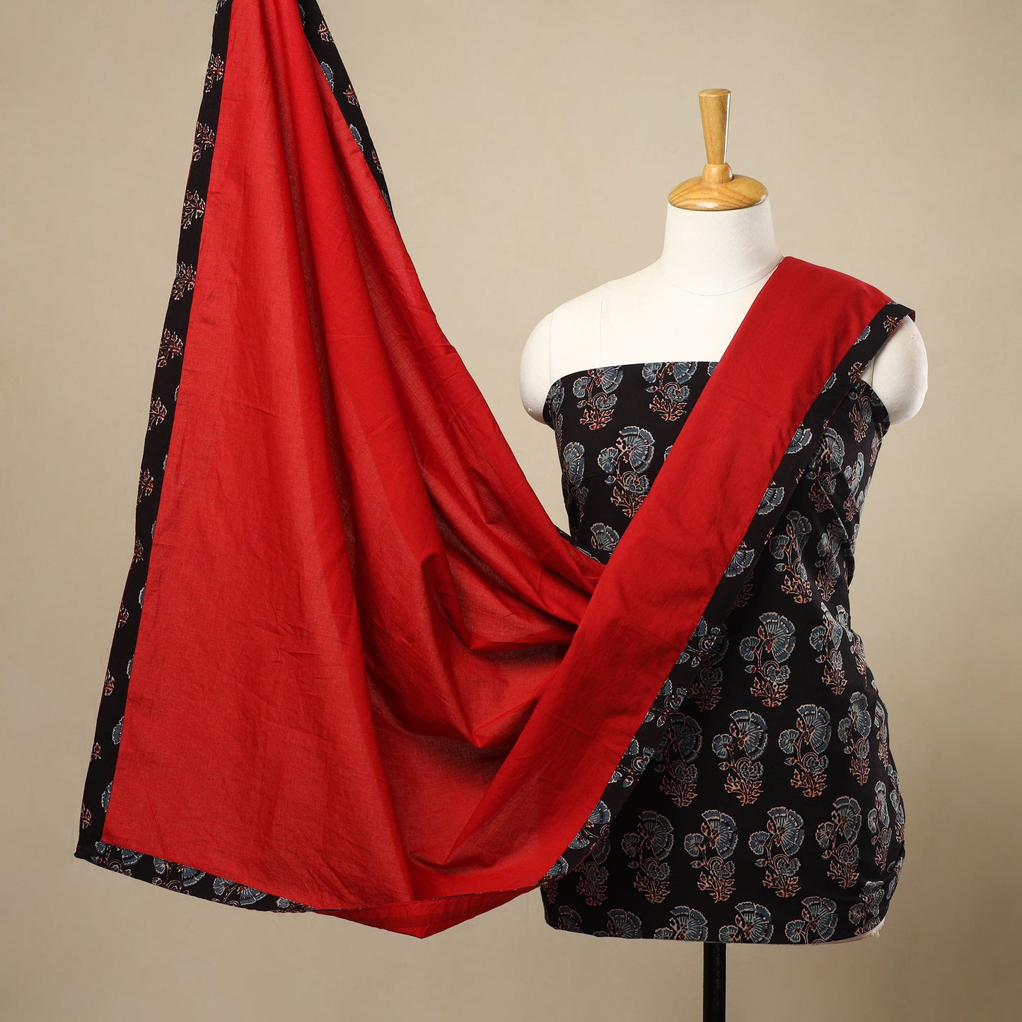 3pc Cotton Black Ajrakh Print Kurta with Plain Dupatta