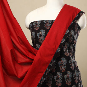 3pc Cotton Black Ajrakh Print Kurta with Plain Dupatta