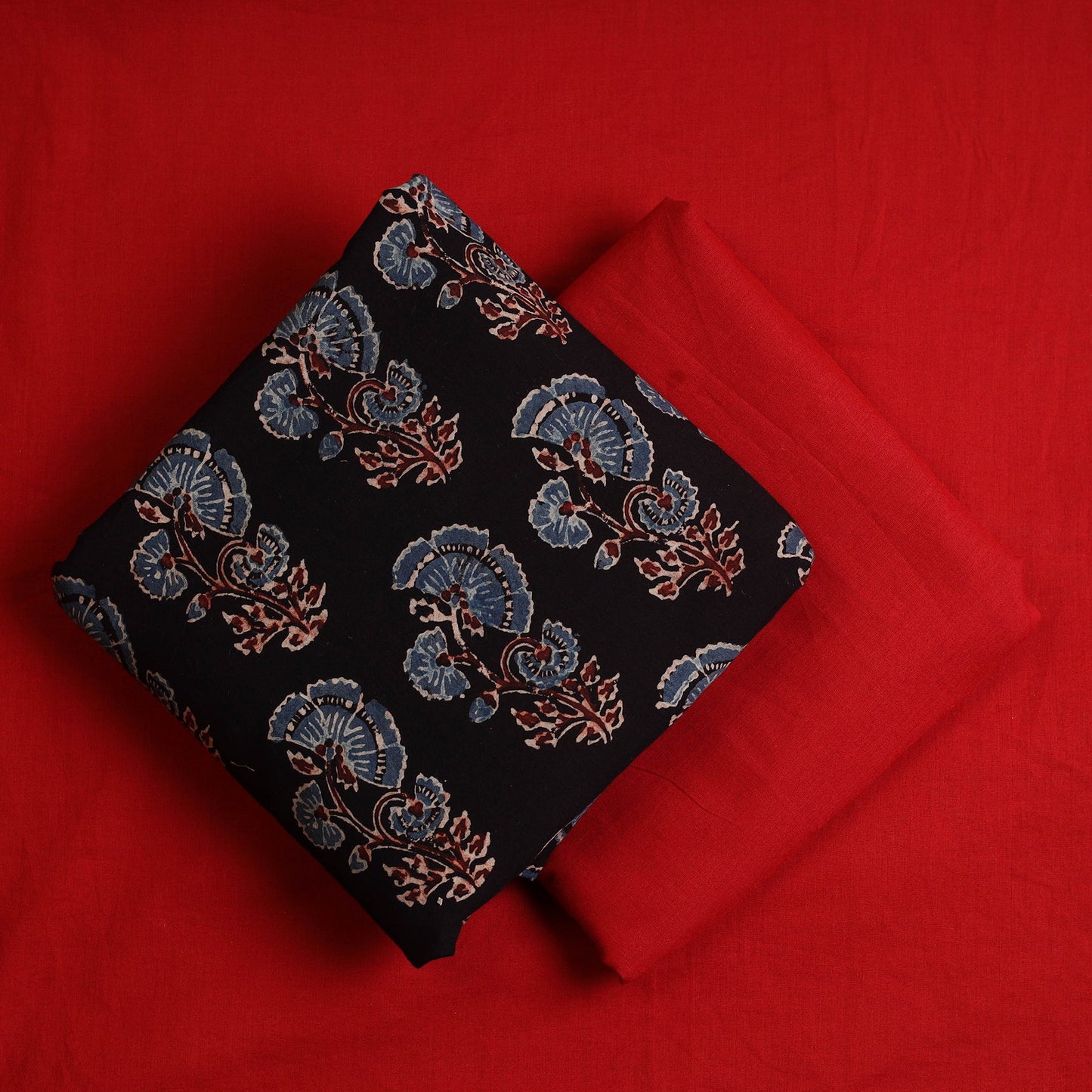 3pc Cotton Black Ajrakh Print Kurta with Plain Dupatta