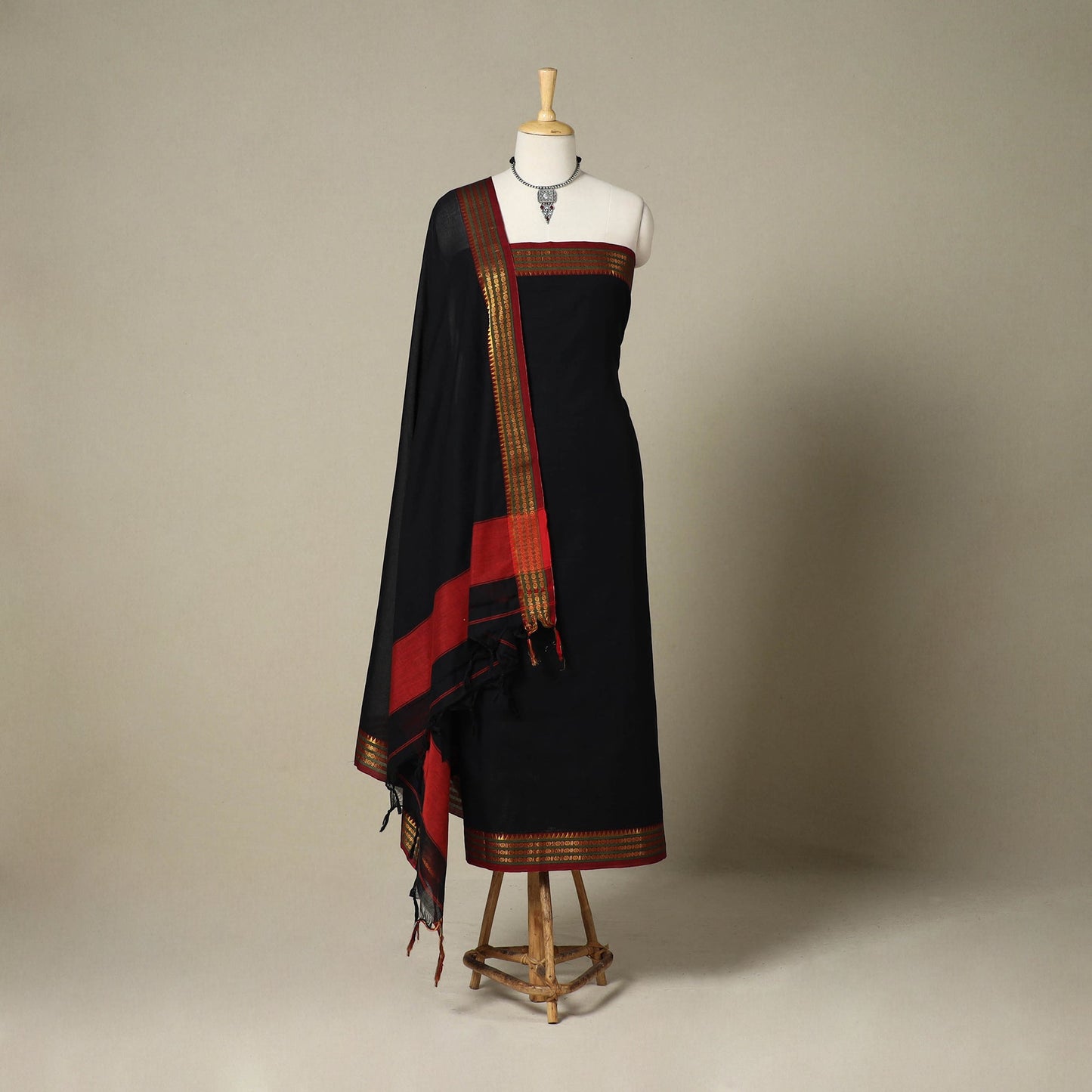 Black 3pc Cotton Unstitched Dharwad Dress Material